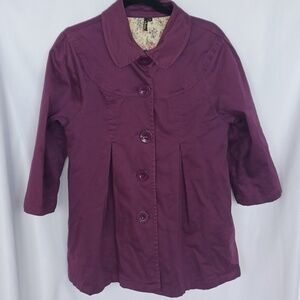 Ambition Floral Lined Button Up Pleated Swing Coat, Eggplant, 3/4 Sleeve
